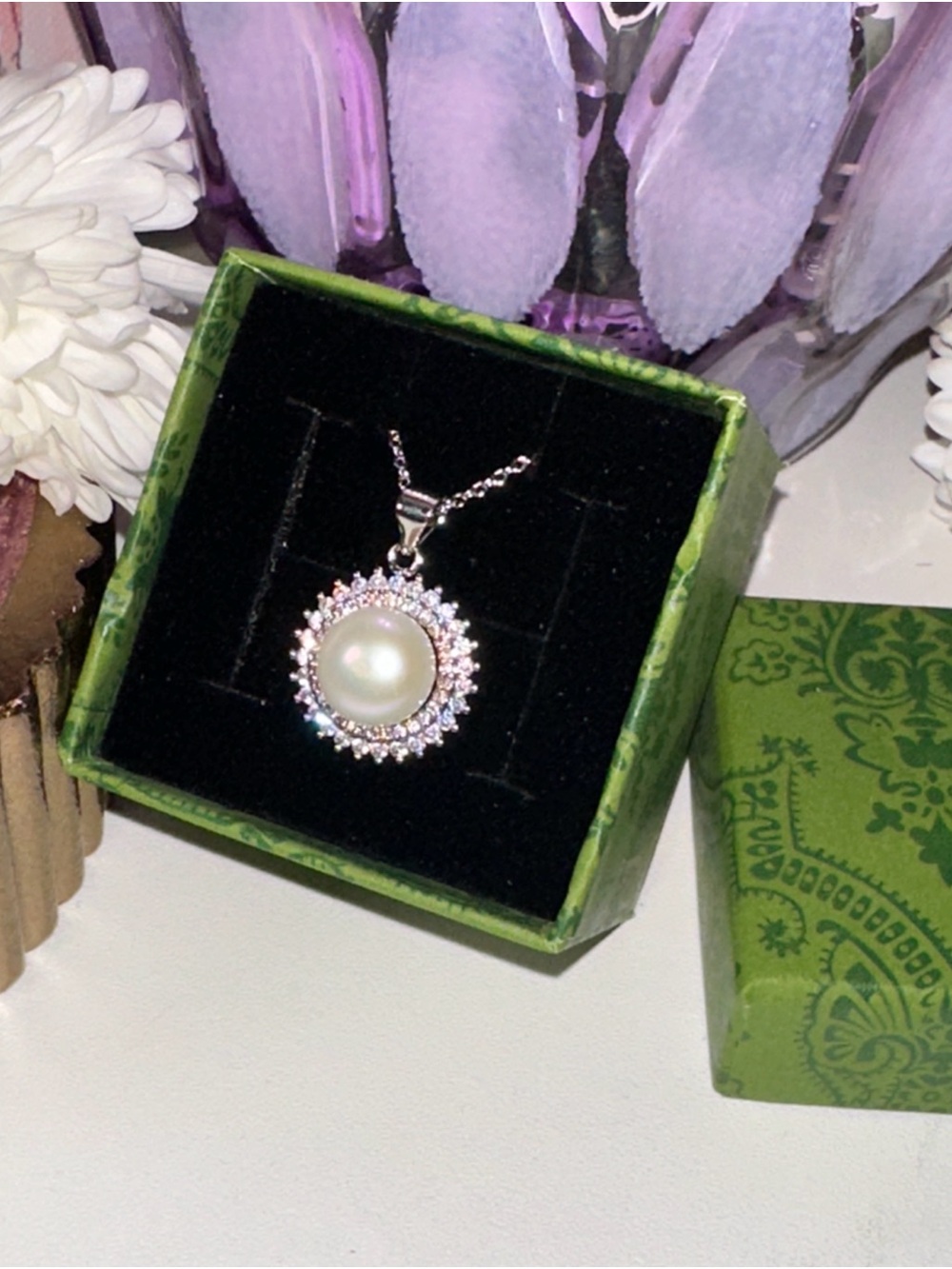 Classic Pearl Halo Pendant in White w/ Sterling Silver Necklace
